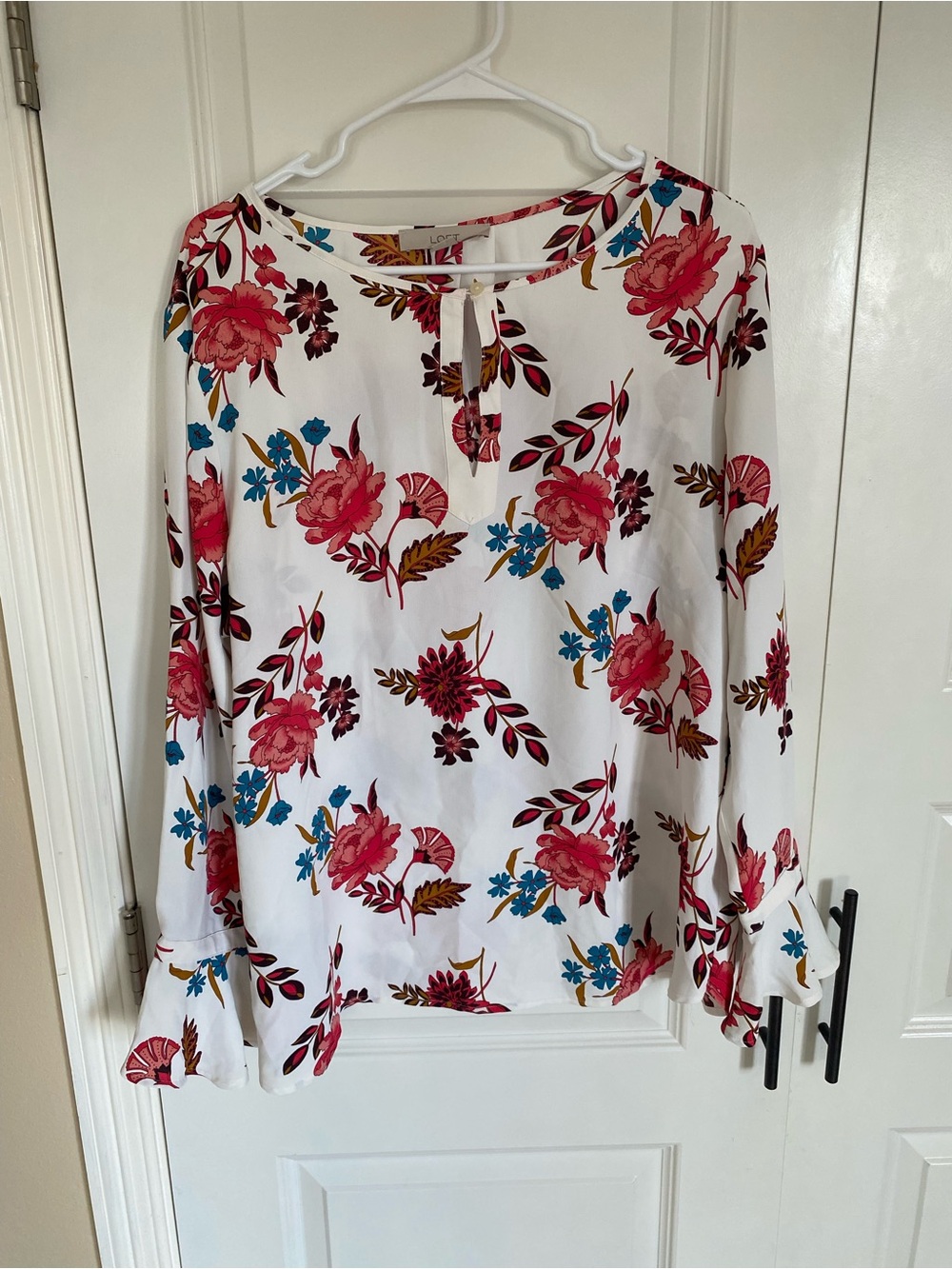 LOFT White Blouse with Pink Floral Print and Blue Accents